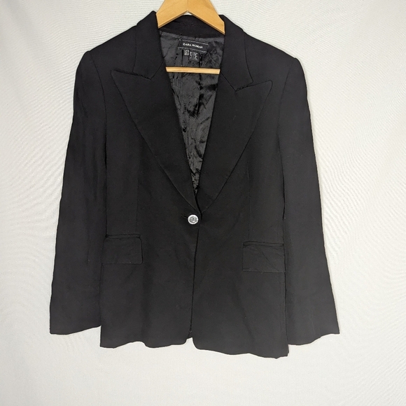 Zara Woman Black Long Sleeve Single Button Blazer Size 6 Wool Blend - Picture 1 of 10